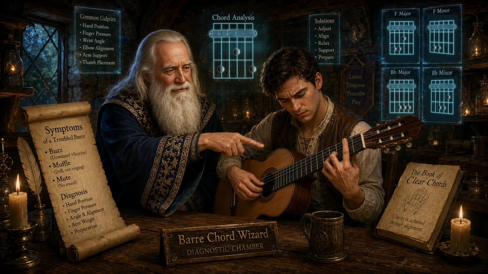 An elder wizard in the Barre Chord Wizard Diagnostic Chamber guiding a young classical guitarist, surrounded by glowing chord diagrams and parchment scrolls.